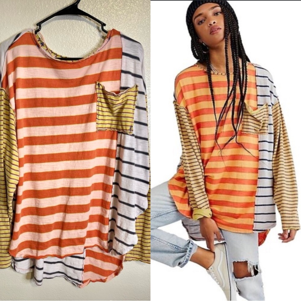 We The Free Striped Long Sleeve Tee in Orange, Yellow, White
